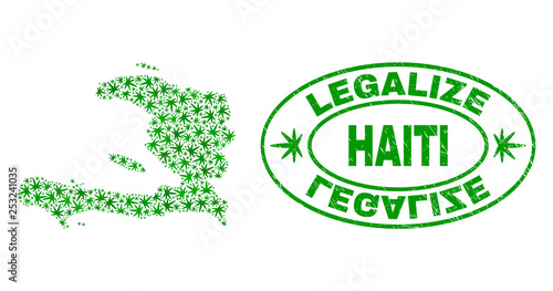 Vector cannabis Haiti map collage and grunge textured Legalize stamp seal. Concept with green weed leaves. Concept for cannabis legalize campaign. Vector Haiti map is created of weed leaves.
