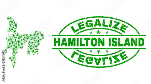 Vector cannabis Hamilton Island map collage and grunge textured Legalize stamp seal. Concept with green weed leaves. Concept for cannabis legalize campaign.