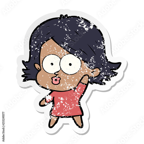 distressed sticker of a cartoon girl pouting
