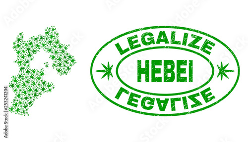 Vector cannabis Hebei Province map mosaic and grunge textured Legalize stamp seal. Concept with green weed leaves. Concept for cannabis legalize campaign.