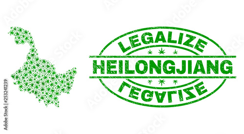 Vector marijuana Heilongjiang Province map collage and grunge textured Legalize stamp seal. Concept with green weed leaves. Concept for cannabis legalize campaign.