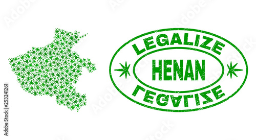 Vector cannabis Henan Province map collage and grunge textured Legalize stamp seal. Concept with green weed leaves. Concept for cannabis legalize campaign.