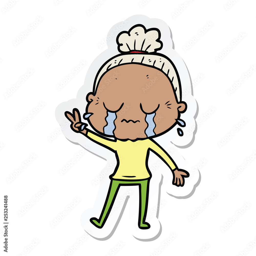 sticker of a cartoon crying old lady sticker of a cartoon crying old lady