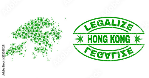 Vector marijuana Hong Kong map collage and grunge textured Legalize stamp seal. Concept with green weed leaves. Concept for cannabis legalize campaign.
