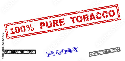 Grunge 100% PURE TOBACCO rectangle stamp seals isolated on a white background. Rectangular seals with distress texture in red, blue, black and grey colors.