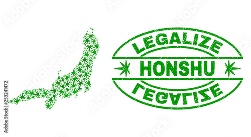 Vector cannabis Honshu Island map collage and grunge textured Legalize stamp seal. Concept with green weed leaves. Concept for cannabis legalize campaign.