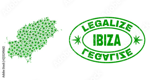 Vector marijuana Ibiza Island map collage and grunge textured Legalize stamp seal. Concept with green weed leaves. Concept for cannabis legalize campaign.