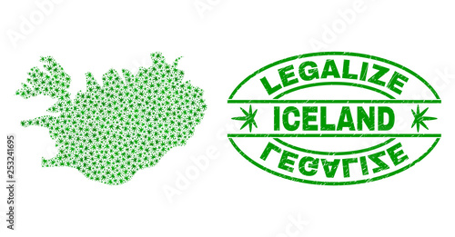 Vector cannabis Iceland map collage and grunge textured Legalize stamp seal. Concept with green weed leaves. Concept for cannabis legalize campaign. Vector Iceland map is created with cannabis leaves.