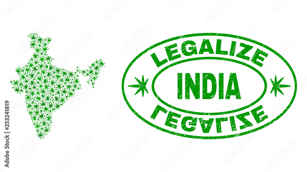 Vector cannabis India map mosaic and grunge textured Legalize stamp seal. Concept with green weed leaves. Concept for cannabis legalize campaign. Vector India map is constructed with ganja leaves.
