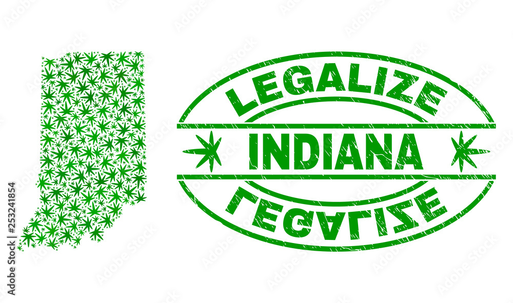 Vector cannabis Indiana State map mosaic and grunge textured Legalize stamp seal. Concept with green weed leaves. Template for cannabis legalize campaign.