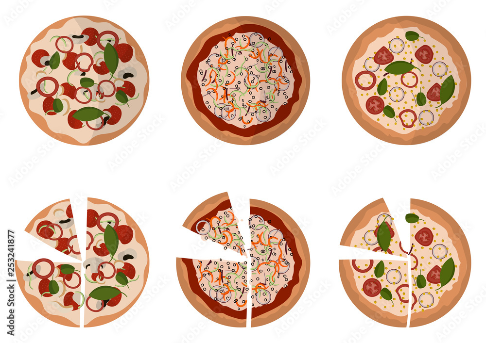 Pizza. Pizza and slices decorated with pepper, onion, chicken parts, mozzarella, basil, sausage, capers flat vector illustration set on white background. Banner, poster, menu design concept idea. Pizza. Pizza and slices decorated with pepper, onion, chicken parts, mozzarella, basil, sausage, capers flat vector illustration set on white background. Banner, poster, menu design concept idea.