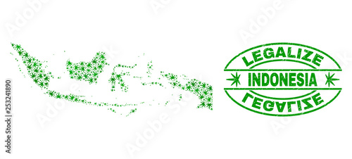 Vector cannabis Indonesia map mosaic and grunge textured Legalize stamp seal. Concept with green weed leaves. Concept for cannabis legalize campaign. Vector Indonesia map is created with weed leaves.