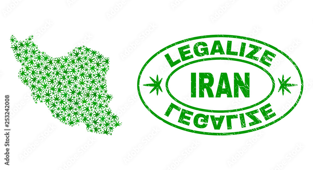 Vector cannabis Iran map mosaic and grunge textured Legalize stamp seal. Concept with green weed leaves. Concept for cannabis legalize campaign. Vector Iran map is created with weed leaves.