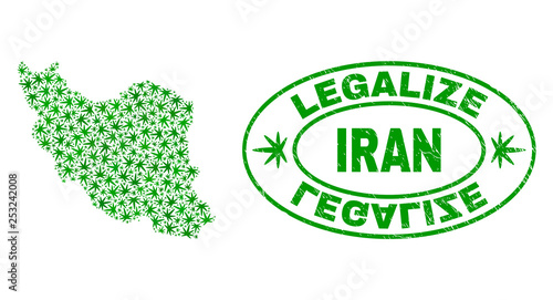 Vector cannabis Iran map mosaic and grunge textured Legalize stamp seal. Concept with green weed leaves. Concept for cannabis legalize campaign. Vector Iran map is created with weed leaves.