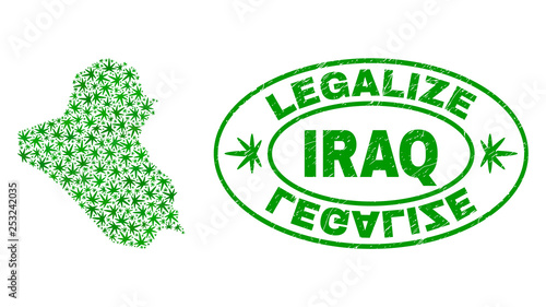 Vector cannabis Iraq map collage and grunge textured Legalize stamp seal. Concept with green weed leaves. Template for cannabis legalize campaign. Vector Iraq map is designed with weed leaves.