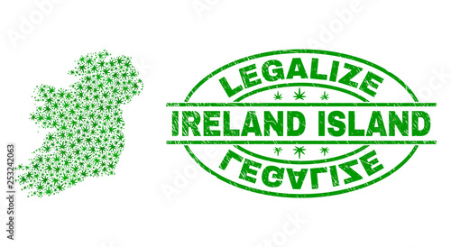 Vector cannabis Ireland Island map collage and grunge textured Legalize stamp seal. Concept with green weed leaves. Concept for cannabis legalize campaign.