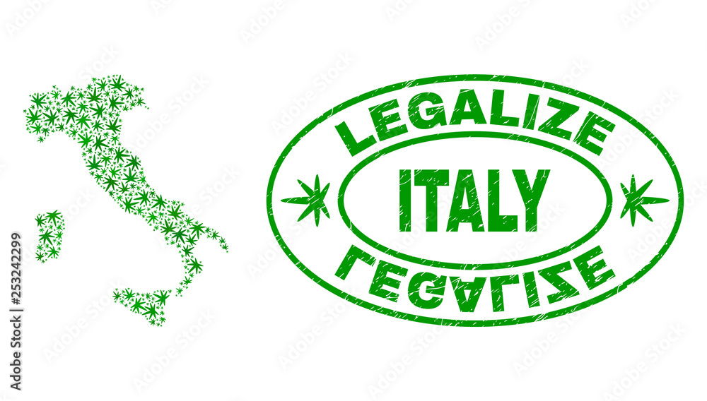 Vector cannabis Italy map mosaic and grunge textured Legalize stamp seal. Concept with green weed leaves. Concept for cannabis legalize campaign. Vector Italy map is formed with weed leaves.