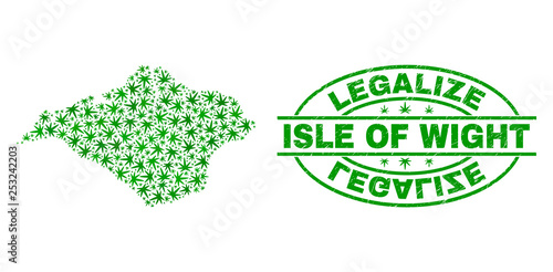 Vector cannabis Isle of Wight map collage and grunge textured Legalize stamp seal. Concept with green weed leaves. Concept for cannabis legalize campaign.