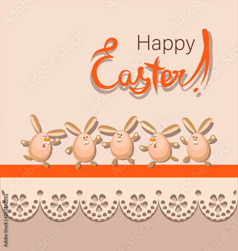 Funny Easter hares. Happy easter. Poster, card with funny characters, bow and lace. Design for textiles, gift bags.