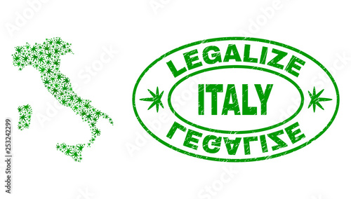 Vector cannabis Italy map mosaic and grunge textured Legalize stamp seal. Concept with green weed leaves. Concept for cannabis legalize campaign. Vector Italy map is formed with weed leaves.