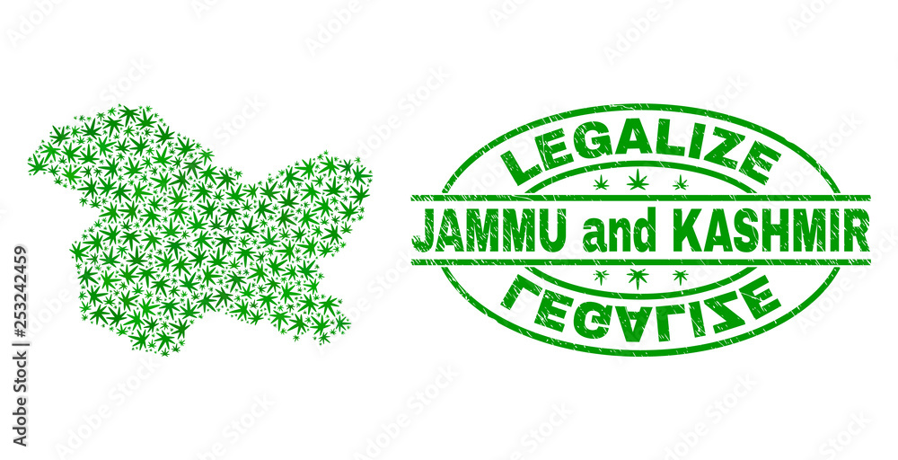 Vector cannabis Jammu and Kashmir State map collage and grunge textured Legalize stamp seal. Concept with green weed leaves. Concept for cannabis legalize campaign.