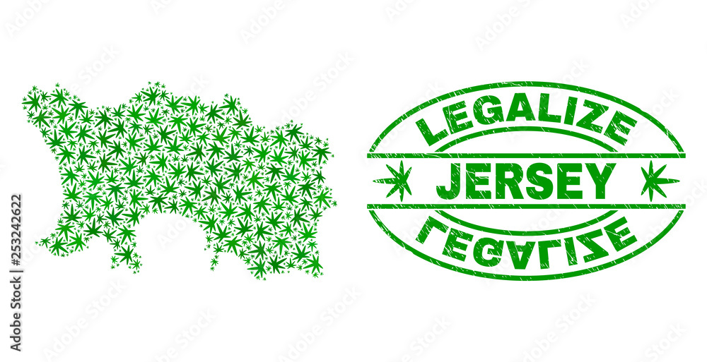Vector cannabis Jersey Island map collage and grunge textured Legalize stamp seal. Concept with green weed leaves. Concept for cannabis legalize campaign.