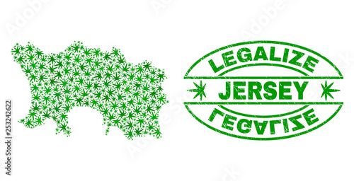Vector cannabis Jersey Island map collage and grunge textured Legalize stamp seal. Concept with green weed leaves. Concept for cannabis legalize campaign.