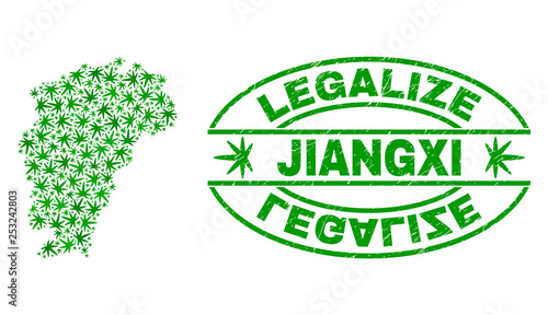Vector marijuana Jiangxi Province map collage and grunge textured Legalize stamp seal. Concept with green weed leaves. Concept for cannabis legalize campaign.