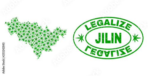 Vector cannabis Jilin Province map mosaic and grunge textured Legalize stamp seal. Concept with green weed leaves. Concept for cannabis legalize campaign.