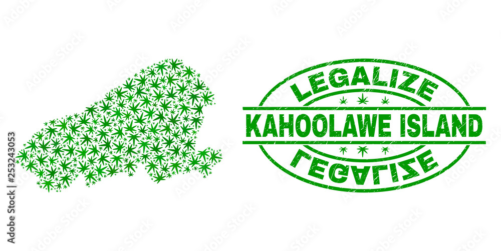Vector cannabis Kahoolawe Island map collage and grunge textured Legalize stamp seal. Concept with green weed leaves. Concept for cannabis legalize campaign.