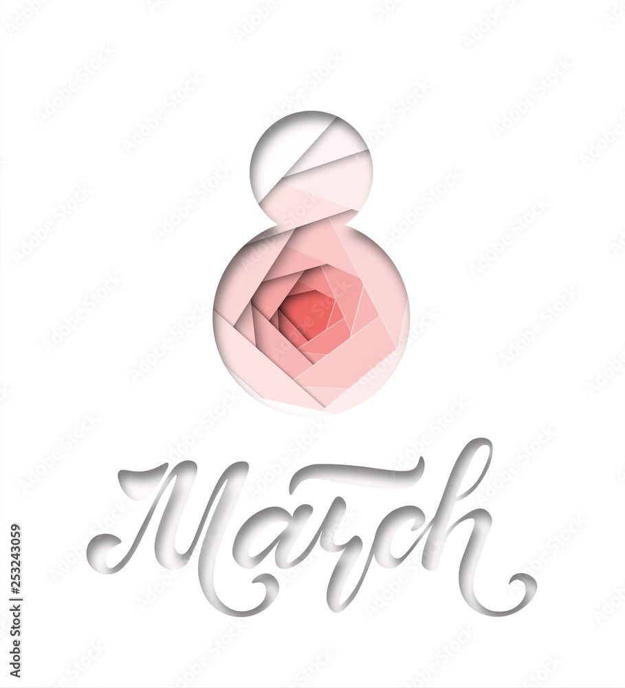 International Women's Day. Banner, flyer for March 8. Hand drawn lettering. Paper cut design. Congratulating and wishing happy holiday card for newsletter, brochures, postcards. Vector. International Women's Day. Banner, flyer for March 8. Hand drawn lettering. Paper cut design. Congratulating and wishing happy holiday card for newsletter, brochures, postcards. Vector.