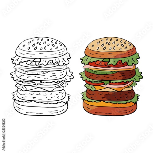 Hand drawn vector black and white and color  huge hamburger on sesame bun isolated on white background