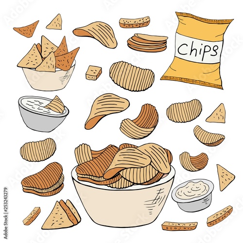 Vector set of hand drawn chips on white background.
