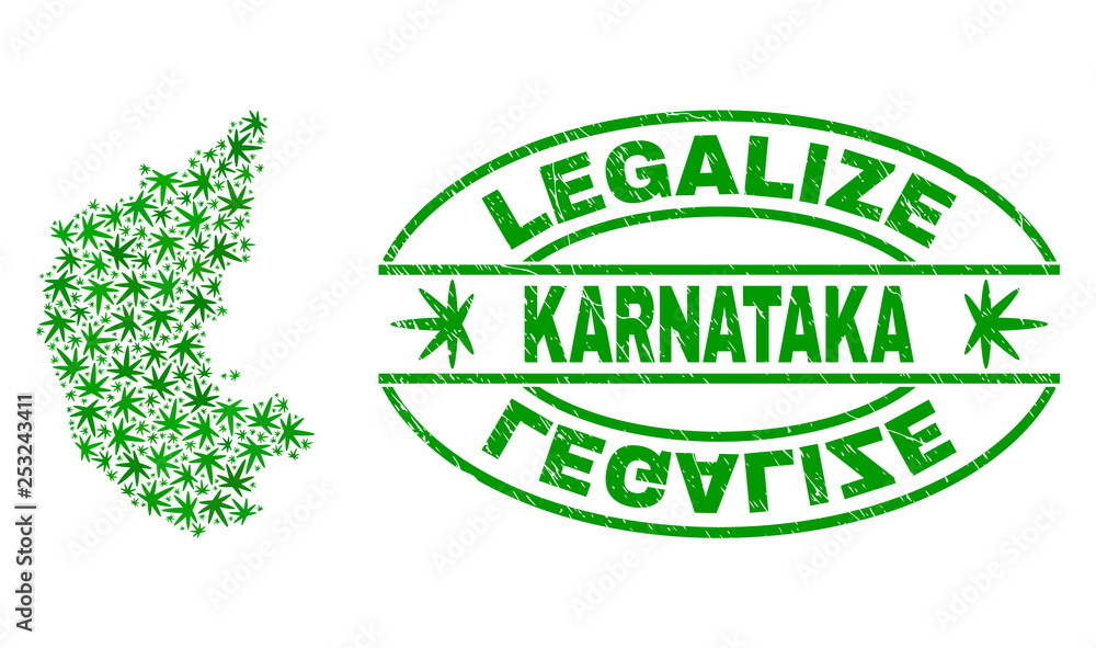 Vector cannabis Karnataka State map mosaic and grunge textured Legalize stamp seal. Concept with green weed leaves. Concept for cannabis legalize campaign.