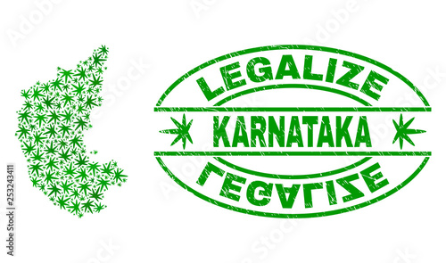 Vector cannabis Karnataka State map mosaic and grunge textured Legalize stamp seal. Concept with green weed leaves. Concept for cannabis legalize campaign.