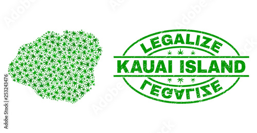 Vector cannabis Kauai Island map collage and grunge textured Legalize stamp seal. Concept with green weed leaves. Concept for cannabis legalize campaign.