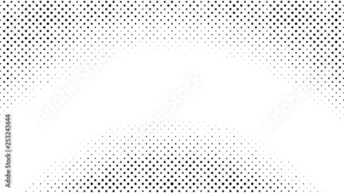 Halftone gradient pattern. Abstract halftone dots background. Monochrome dots pattern. Pop Art, Comic small dots. Radial twisted circle. Banner with space. Design for presentation, report, flyer, card