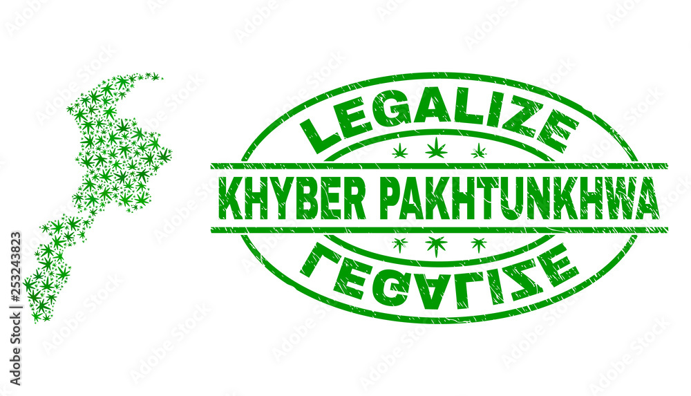 Vector cannabis Khyber Pakhtunkhwa Province map mosaic and grunge textured Legalize stamp seal. Concept with green weed leaves. Concept for cannabis legalize campaign.