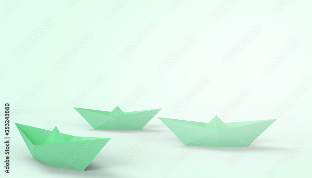 Folding boats and business leaders ideas on Graphic Green Background - 3d rendering - Minimal Art - paper cut style Folding boats and business leaders ideas on Graphic Green Background - 3d rendering - Minimal Art - paper cut style