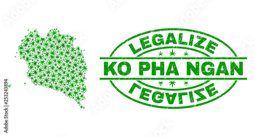 Vector cannabis Ko Pha Ngan map mosaic and grunge textured Legalize stamp seal. Concept with green weed leaves. Concept for cannabis legalize campaign.