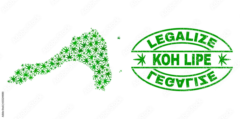 Vector marijuana Koh Lipe map mosaic and grunge textured Legalize stamp seal. Concept with green weed leaves. Concept for cannabis legalize campaign.