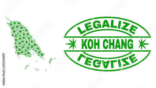 Vector cannabis Koh Chang map collage and grunge textured Legalize stamp seal. Concept with green weed leaves. Template for cannabis legalize campaign.