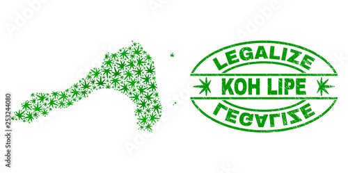 Vector marijuana Koh Lipe map mosaic and grunge textured Legalize stamp seal. Concept with green weed leaves. Concept for cannabis legalize campaign.