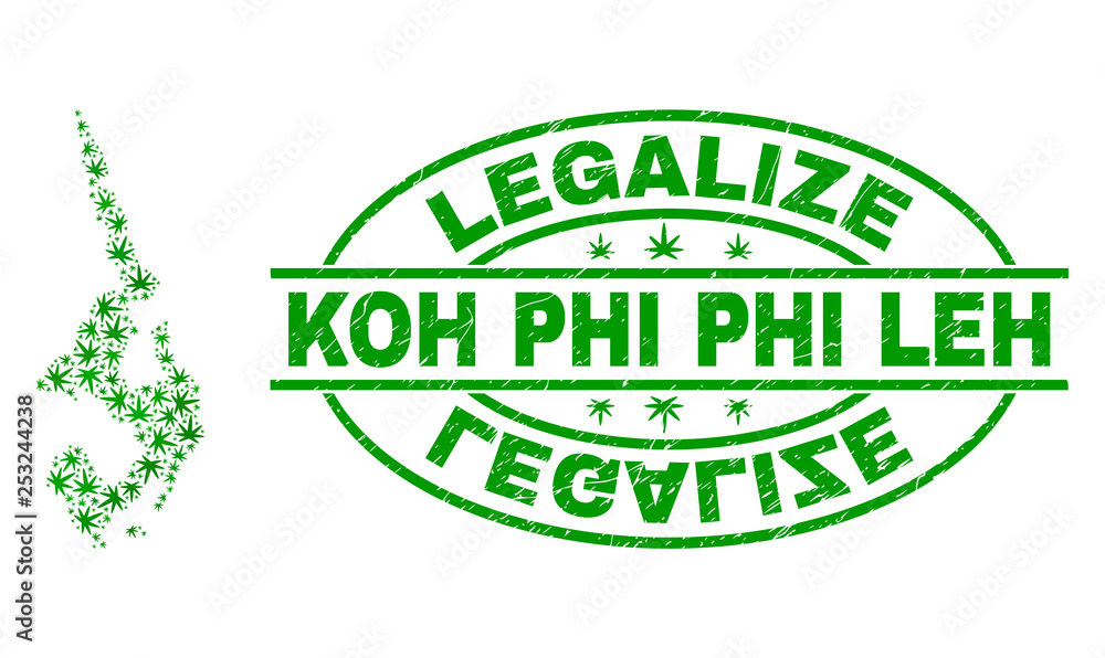 Vector cannabis Koh Phi Leh map collage and grunge textured Legalize stamp seal. Concept with green weed leaves. Concept for cannabis legalize campaign.