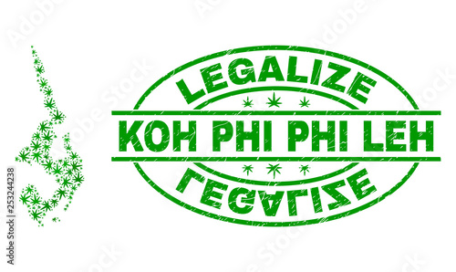 Vector cannabis Koh Phi Leh map collage and grunge textured Legalize stamp seal. Concept with green weed leaves. Concept for cannabis legalize campaign.