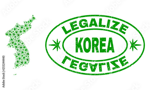 Vector cannabis Korea map collage and grunge textured Legalize stamp seal. Concept with green weed leaves. Concept for cannabis legalize campaign. Vector Korea map is formed with herbal leaves.