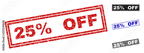 Grunge 25% OFF rectangle stamp seals isolated on a white background. Rectangular seals with grunge texture in red, blue, black and grey colors.