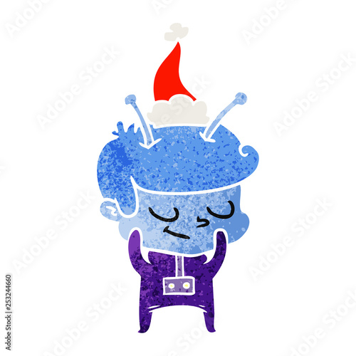 shy retro cartoon of a spaceman wearing santa hat