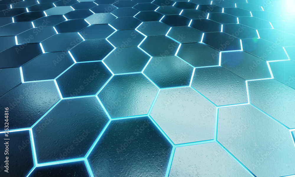 Glowing black and blue hexagons background pattern on silver metal surface 3D rendering Glowing black and blue hexagons background pattern on silver metal surface 3D rendering