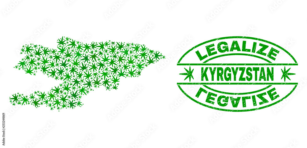 Vector cannabis Kyrgyzstan map mosaic and grunge textured Legalize stamp seal. Concept with green weed leaves. Concept for cannabis legalize campaign.